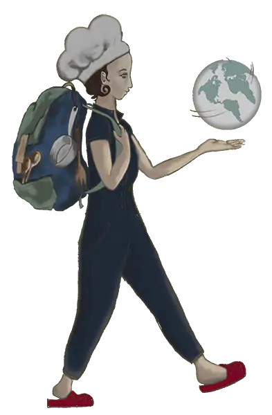 Ilustración Cocinera nómada con mochila caminando y con el mundo encima de la palma de la mano izquierda